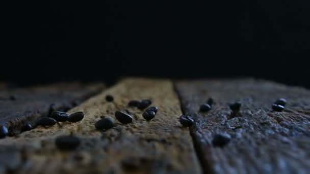 Pražená zrnková káva spadají do dřevěné podlahy s tmavou barvu tónu se stupněm — Stock video
