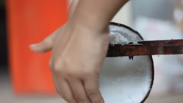 Main de femme utilisant une râpe vintage et oldcoconut pour serrer le lait de coco style de vie contryside — Video