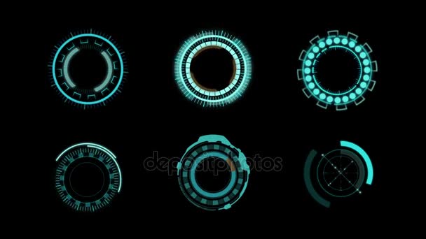 4K Collection of HUD Head Up Display Blue Circle element for Technology and futuristic concept on dark background — Stock Video