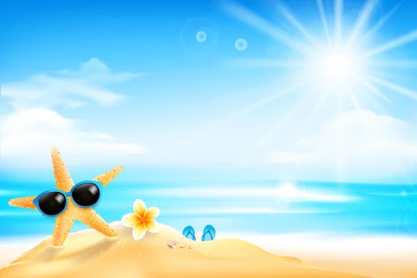 La estrella de mar lleva gafas de sol y flores en la playa. — Vector de stock