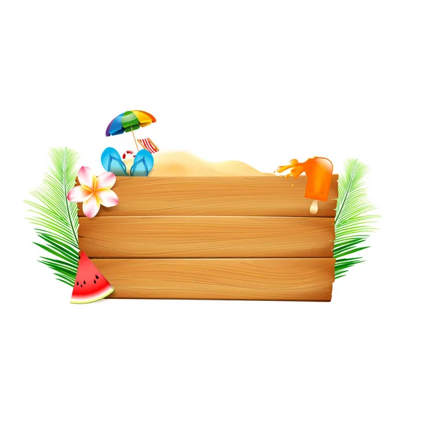 Tablero de madera en blanco con copyspace y elemento de playa de verano en whit — Vector de stock