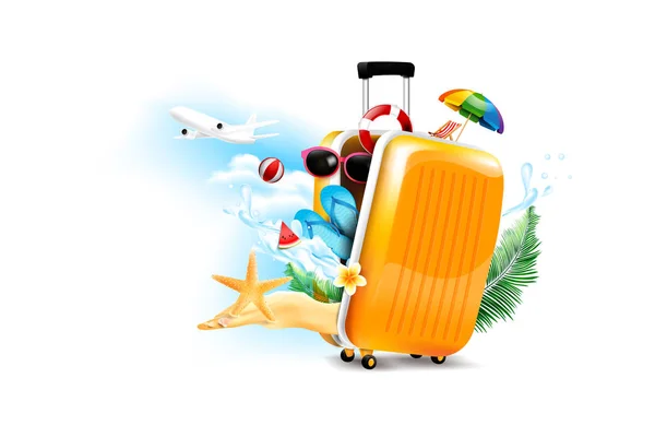 Avion aérien valise de voyage ouverte bagages avec étoile de mer fleur palme lea — Image vectorielle