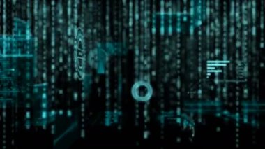 4k Hud Head görüntü arayüzü ve tahıl teknolojisi ve fütüristik konsept için koyu arka plan üzerinde rasgele ikili dijital metin kodlama ile Render uçuş hareketli pass