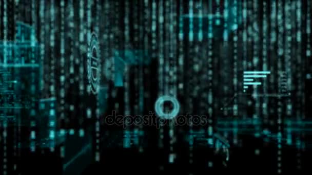 4K Render Flight passer à travers le codage HUD Interface d'affichage tête haute et texte numérique binaire aléatoire avec grain sur fond sombre Résumé de la technologie et concept futuriste 