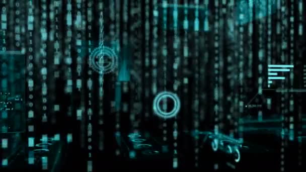 4K Render Flight passer à travers le codage HUD Interface d'affichage tête haute et texte numérique binaire aléatoire avec grain sur fond sombre Résumé de la technologie et concept futuriste 