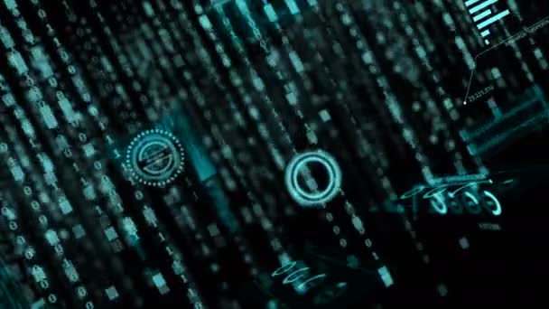 4K Render Flight passer à travers le codage HUD Interface d'affichage tête haute et texte numérique binaire aléatoire avec grain sur fond sombre Résumé de la technologie et concept futuriste 