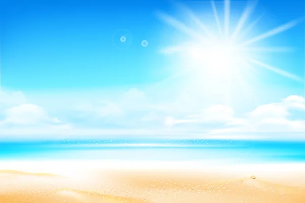Песчаный пляж над размытым морем и небом с солнечной вспышкой света и copysp — стоковый вектор