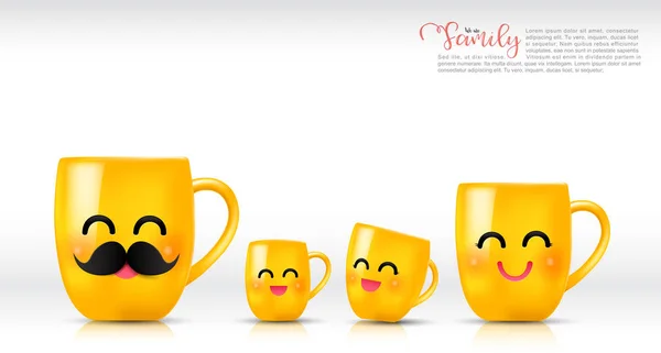 黄色的茶杯，陶瓷卡通快乐和微笑父亲母亲儿子和 — 图库矢量图片