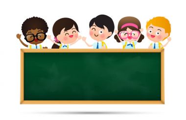 Geri okul ve eğitim kavramı mutlu çizgi film çocuklar için stude