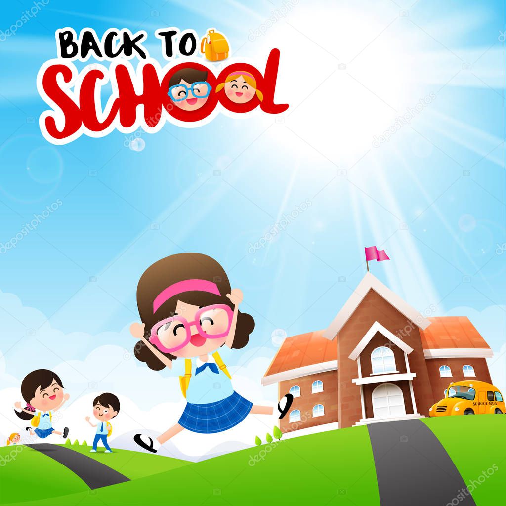 Back to School concept Student kids cartoon jumping and running 