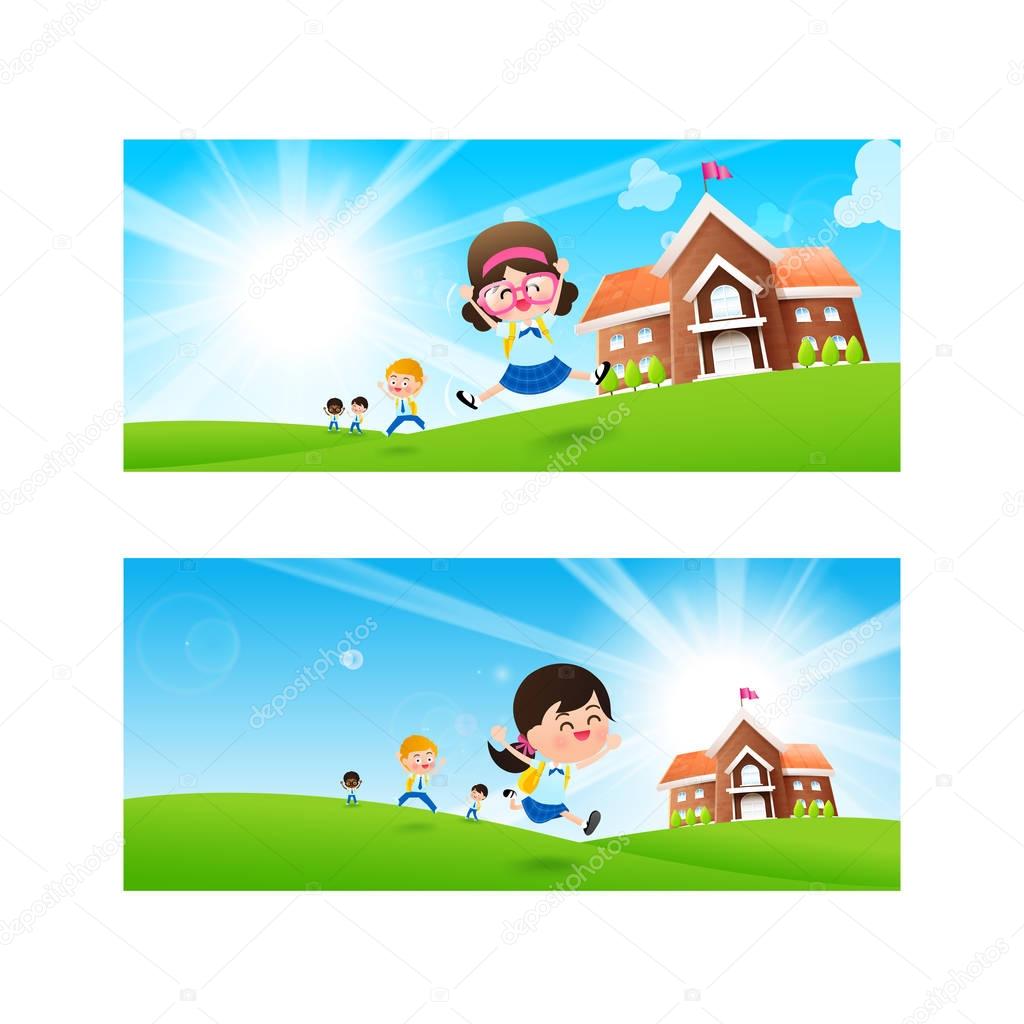 Back to School concept Blank banner template Student kids jumpin