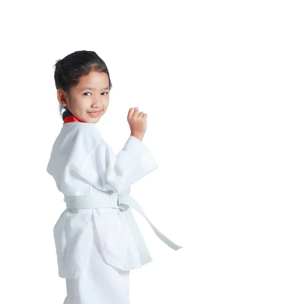 Feliz asiática niña es sonrisa y mostrando puño para guardar i — Foto de Stock