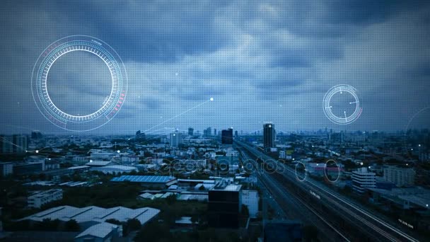 4 k abstrakt bakgrund Flygfoto över staden med Hud och cyber teknik nätverk anslutning koncept — Stockvideo