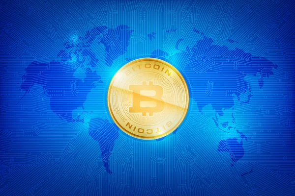 Koyu mavi arka plan bitcoin kavramı ile baskı devre