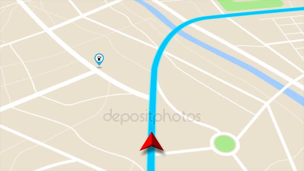 Animation 4K Déplacement GPS navigateur sur la carte avec carte et icône sur place 