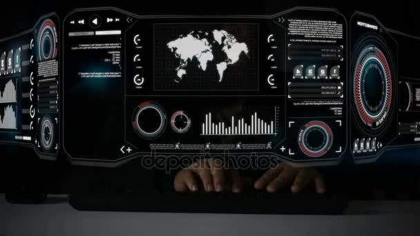 Teclado de digitação de hacker com HUD cabeça para cima interface de exibição código gráfico bar pi mundo mapa elemento para cibertecnologia conceito criminoso com tom escuro e grãos processados — Vídeo de Stock