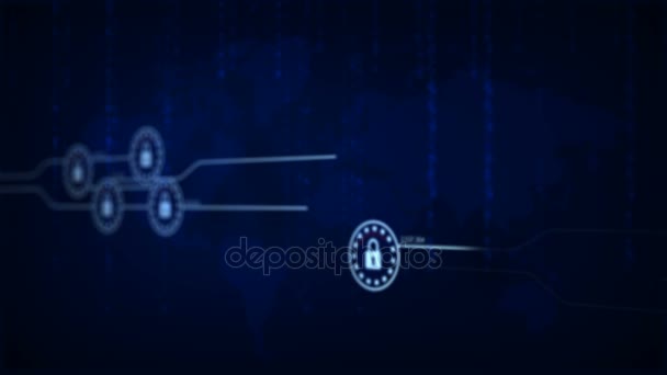 4 k animacji Blokada bezpieczeństwa z ładowanie połączeń linii dla koncepcja futurystyczny cyber technologii sieci bezpieczeństwa i ochrony, rozmycie i płytkiej głębi ostrości — Wideo stockowe