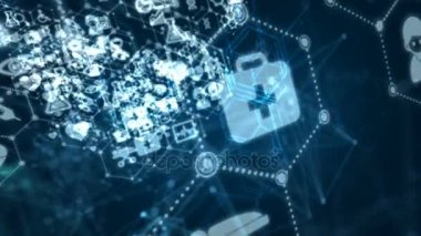 4 k arka plan animasyon hareketli geçisi nokta ve bağlantı hattı ile tıp ve sağlık simge için fütüristik siber teknoloji koyu arka plan üzerinde