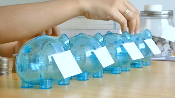 Hands of woman putting money coin into clear piggy bank with blank paper tag metaphor separate kind of money for spend and saving in difference budget financial concept with ambient sound — Stock Video