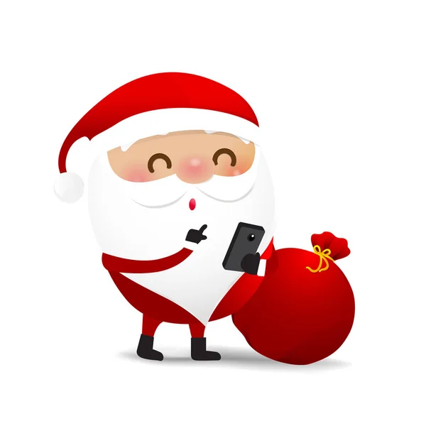 Різдвяний персонаж Санта Клаус мультфільм зі смартфоном в руці — стоковий вектор