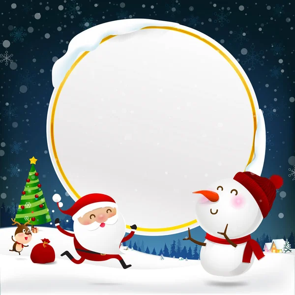 Vánoční sněhulák Santa claus a sobů karikatury úsměv a bla — Stockový vektor