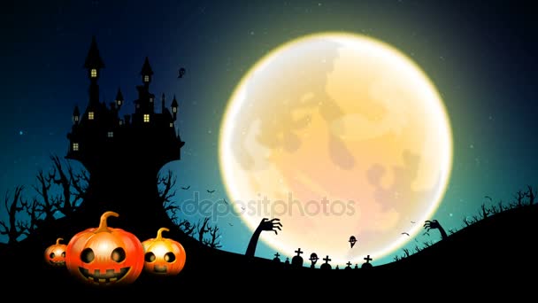 4K Fundo abstrato escuro Halloween Animação em movimento Lua cheia com morcego fantasma diabo mãos árvore elemento com espaço de cópia com fractal de grãos e ruído processado — Vídeo de Stock
