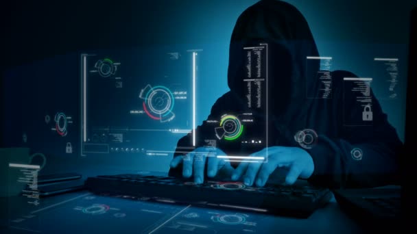 4K Hacker skriver tastatur hos HUD UI brukergrensesnitt hacking code dramatic and dark tone processing concept for cyber futuristic technology security – stockvideo