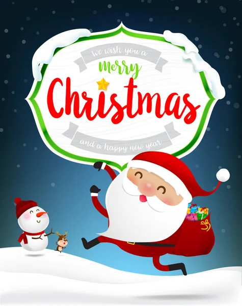 Веселий різдвяний текст білої дерев'яної рамки з Happy Санта Клау — стоковий вектор