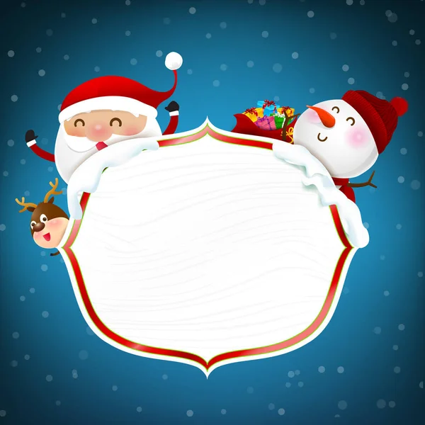 Weißer Holzrahmen mit glücklichen Weihnachtsmann Cartoon Schneemann und re — Stockvektor
