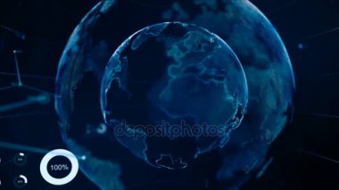 4 k animasyon dünya ile nokta Dünya Haritası Hud ve Infographic grafik çubuğu öğesi koyu arka plan üzerinde spin