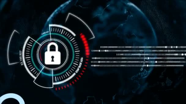 4K Animation Globe spin dengan keamanan kunci metafora cyber futuristic data konsep yang aman — Stok Video