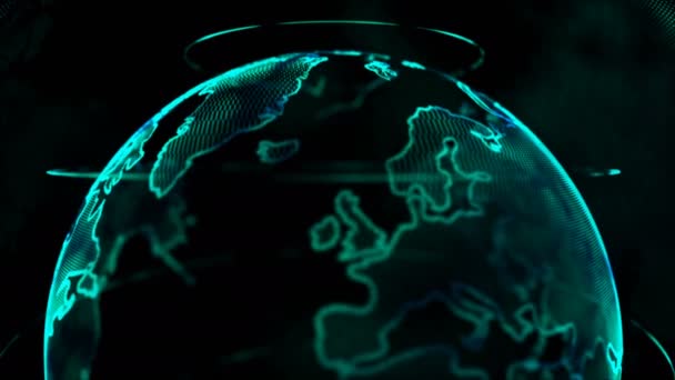 Globo de animación 4K con espín de elemento de mapa del mundo de puntos para el concepto de tecnología cibernética y futurista sobre fondo oscuro y negro — Vídeos de Stock