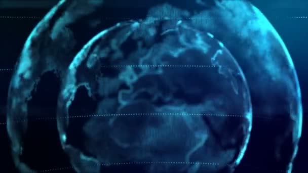 4 k 暗い青色の背景にドット世界地図要素のスピンとアニメーションの世界 — ストック動画