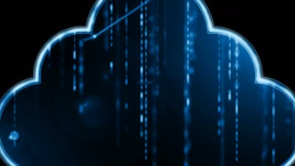 4 k 점 연결 라인 및 이진 번호 컴퓨터 네트워크 큰 데이터 사이버 기술 미래 개념에 대 한 떨어지는 구름 아이콘의 애니메이션 — 비디오
