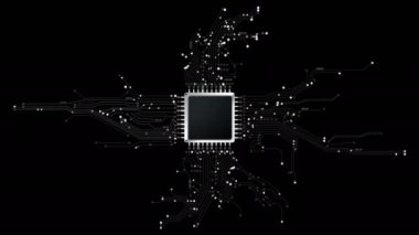 4 k animasyon çip teknolojisi siber ve fütüristik konsept için alfa mat ile cpu denetleyicisi ve baskı devre ayarla