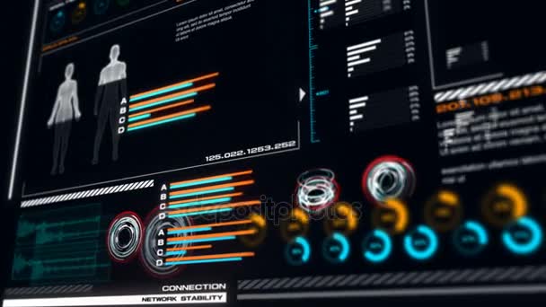 4K UI User Interface Latar belakang biru gelap dengan grafik bar infografis dan wire frame analisis tubuh — Stok Video
