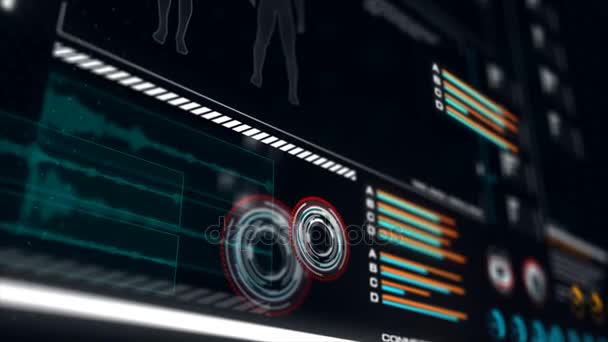 4k ui Benutzeroberfläche dunkelblauer Hintergrund mit Diagrammbalken-Infografik und Drahtgestell-Körperanalyse — Stockvideo