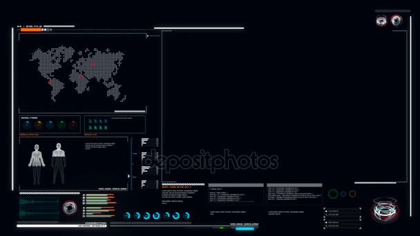 4 k UI kullanıcı arabirimi koyu mavi arka plan grafik bar Infographic ve tel çerçeve vücut analizi ile — Stok video