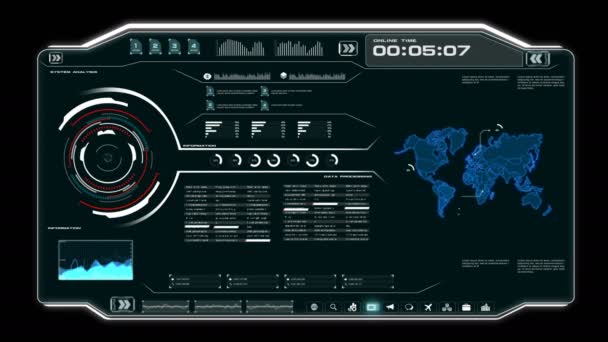 の世界地図データ Hud テキスト ボックス テーブルと アニメーション ユーザー インターフェイスと未来的な技術コンセプトの背景を抽象的な暗い要素 — ストック動画