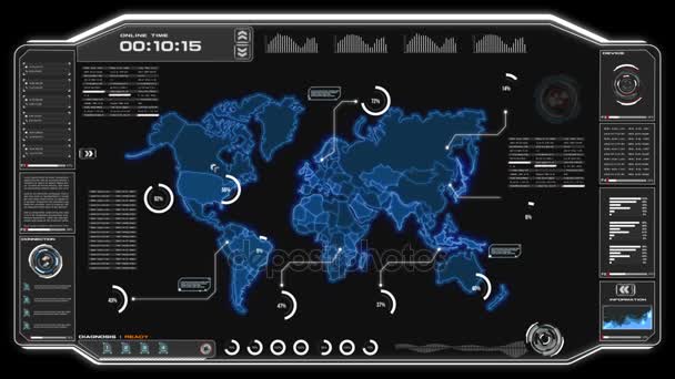 Animazione Interfaccia Utente Con Dati Della Mappa Del Mondo Hud — Video Stock