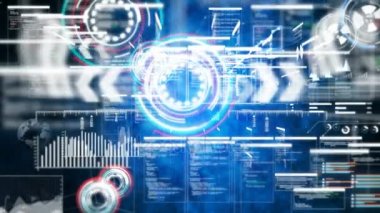 4k uçuş UI kullanıcı arabirimi Hud pi çubuğu metin kutusu Tablo öğesi ile üzerinde geçmek için fütüristik teknoloji kavramı koyu arka plan