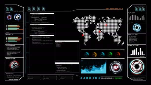 飛行渡す ユーザー インターフェイス テキスト ボックス テーブルと世界地図要素バー Hud と未来技術の概念の抽象的な背景の暗い — ストック動画