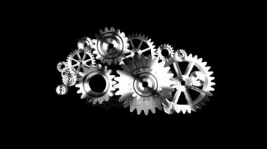 4k Animasyon 3d gümüş metal döndürme mekanik tekerlek dişli Alfa mat ile arka arka plan üzerinde