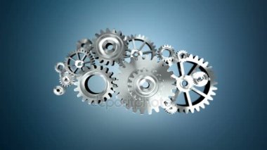 4k Animasyon 3d gümüş metal döndürme mekanik tekerlek dişli koyu arka plan üzerinde