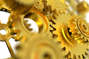 Beyaz arka plan üzerinde 3D render altın metal tekerlek dişli