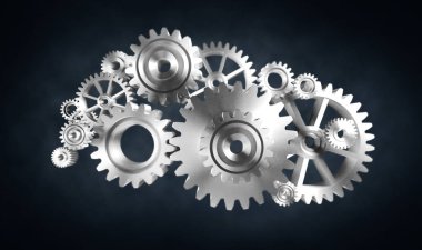 3D render grup koyu arka plan üzerinde gümüş metal Gear  