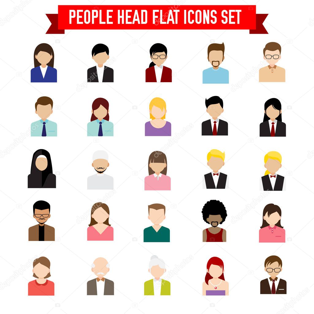 Collection of people head flat icon set isolated on white backgr