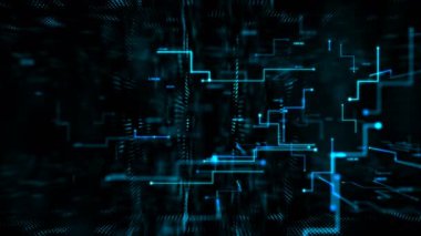 4k Animasyon 3d soyut koyu arka plan hareketli nokta ve çizgi metafor cyber fütüristik veri transferi ağ bağlantı kavramı ile işlenmiş tahıl