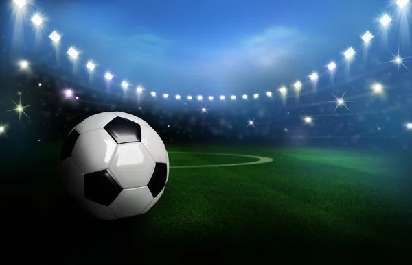 3D Representado pelota de fútbol en blanco y negro en el campo verde en el fo —  Fotos de Stock