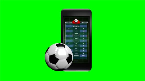 アニメーション サッカー ボールと携帯電話スポーツ アプリケーション用アルファ マットに緑色の画面でスマート フォン — ストック動画